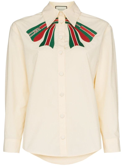 Shop Gucci Web Bow Embroidered Cotton Blouse - Neutrals In Nude & Neutrals