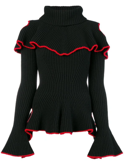 Shop Alexander Mcqueen Ruffled Open Shoulder Sweater In Black