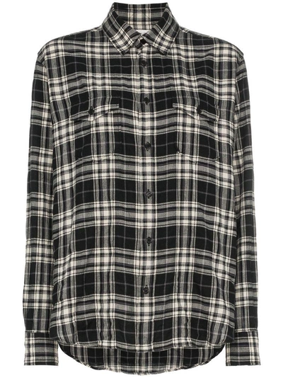 Shop Saint Laurent Plaid Button Down Cotton Blend Shirt - Black