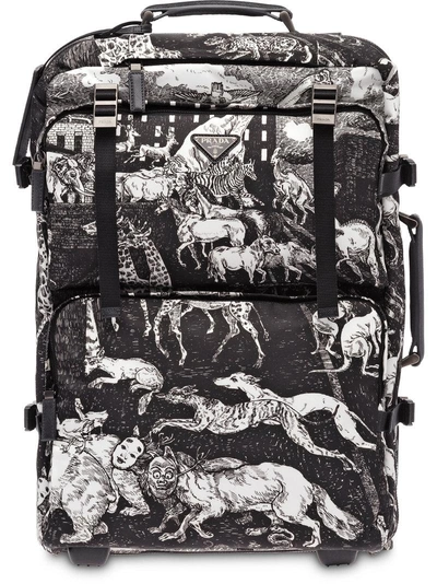 PRADA 动物印花十字纹真皮拉杆行李箱 - 黑色