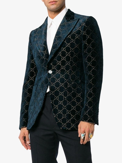 Shop Gucci Logo Jacquard Cotton Blend Velvet Blazer - Blue