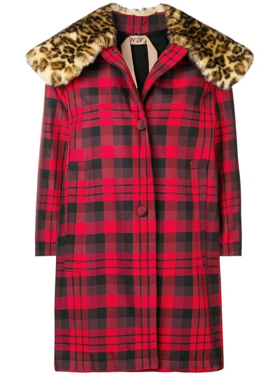 Shop N°21 Nº21 Faux Fur-collar Checked Coat - Red