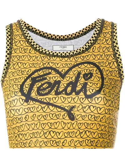 Shop Fendi Heart And Logo Print Sports Bra In Yellow & Orange