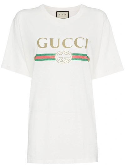 Shop Gucci Print Floral Embroidered Cotton T Shirt