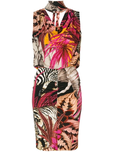 Shop Just Cavalli Jungle Print Cowl Neck Dress - Multicolour