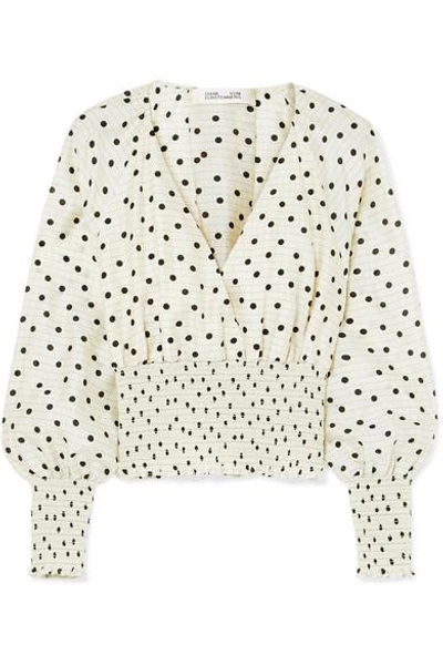 Shop Diane Von Furstenberg Shirred Polka-dot Silk Top In White