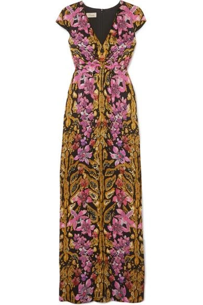 Shop Temperley London Bow-embellished Printed Hammered-silk Gown In Pink