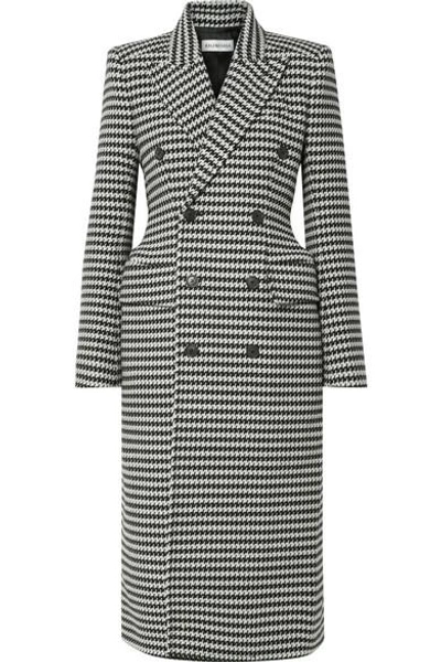 Shop Balenciaga Double-breasted Houndstooth Wool-blend Coat In Black