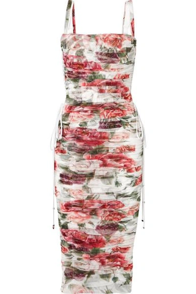 Shop Dolce & Gabbana Lace-up Ruched Floral-print Cotton And Silk-blend Tulle Midi Dress In White