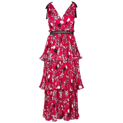 Shop Self-portrait Floral-print Tiered Midi Dress In Red