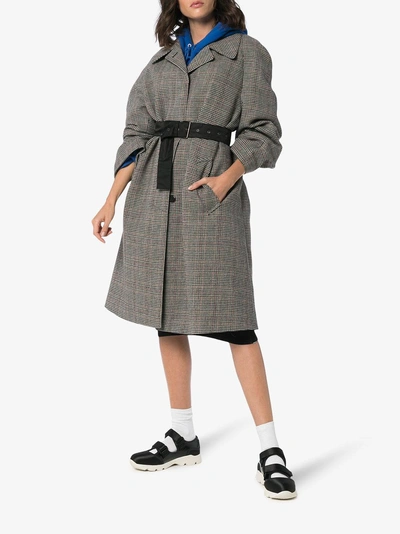 Shop Prada Belted Check Virgin Wool Blend Coat In Black