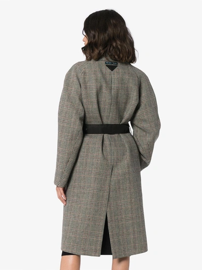 Shop Prada Belted Check Virgin Wool Blend Coat In Black