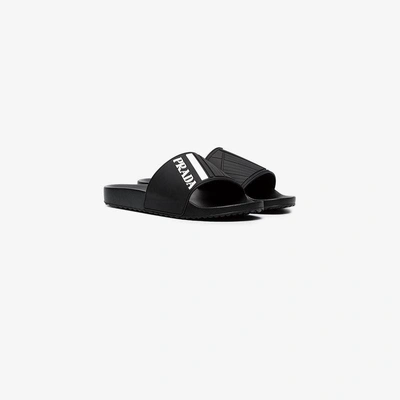 Shop Prada Black And White Logo Embossed Pool Slides
