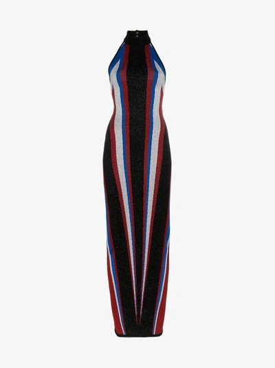 Shop Balmain Halterneck Stripe Fitted Maxi Dress In Multicolour