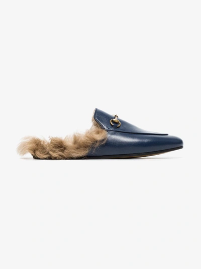 Shop Gucci Blue Princetown Shearling Lined Leather Backless Loafers