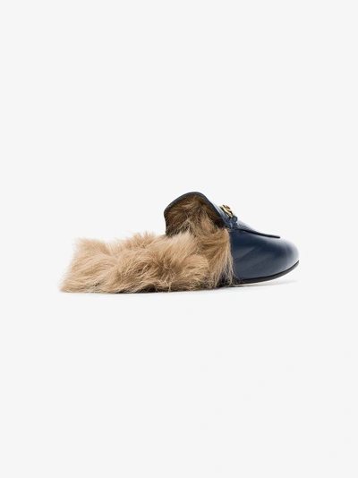 Shop Gucci Blue Princetown Shearling Lined Leather Backless Loafers