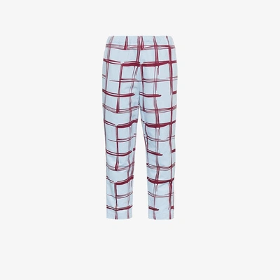 Shop Marni Check Tapered Cotton Linen-blend Cropped Sweat Pants In Blue