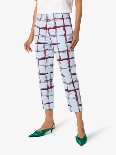 Shop Marni Check Tapered Cotton Linen-blend Cropped Sweat Pants In Blue