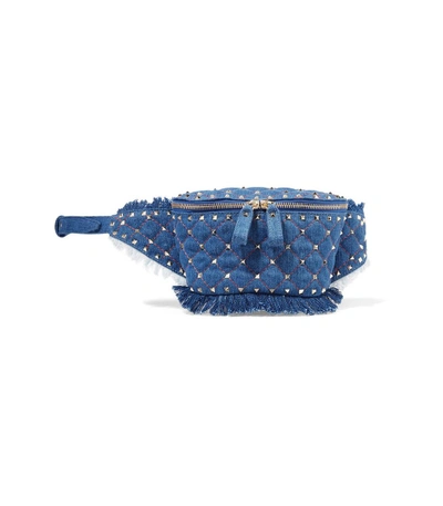 Shop Valentino Rockstud Quilted Denim Belt Bag In Blue