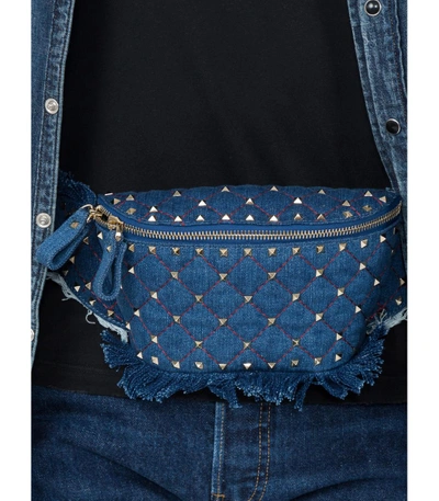 Shop Valentino Rockstud Quilted Denim Belt Bag In Blue