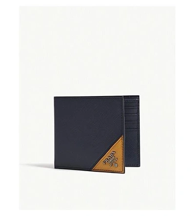 Shop Prada Saffiano Leather Billfold Wallet In Baltic Blue Yellow