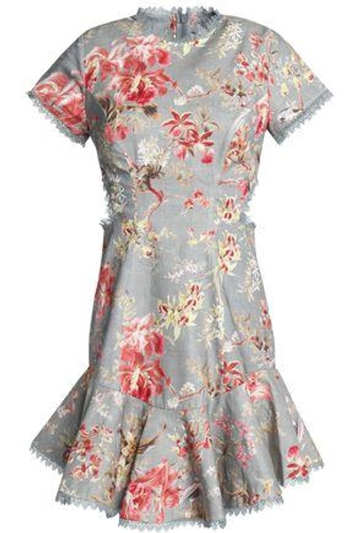 Shop Zimmermann Fluted Lattice-paneled Floral-print Linen And Cotton-blend Mini Dress In Light Blue