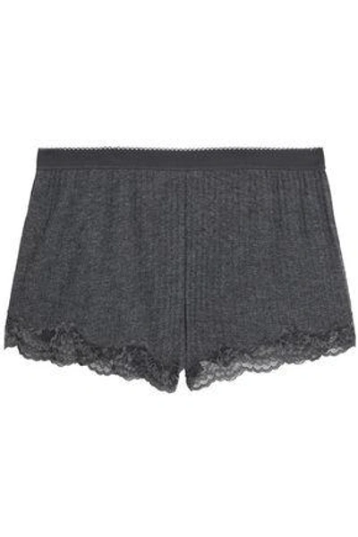 Shop Stella Mccartney Lace-trimmed Mélange Ribbed-knit  Pajama Shorts In Anthracite