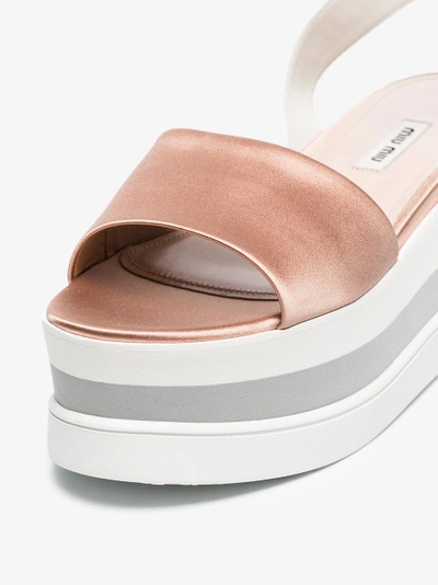 Shop Miu Miu Logo Strap 75 Satin Wedge Sandals In Nude/neutrals