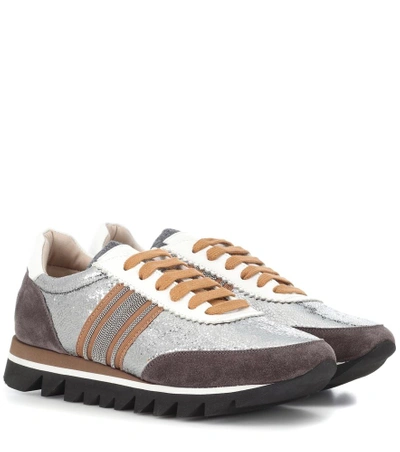 Shop Brunello Cucinelli Colorblocked Suede Sneakers In Brown