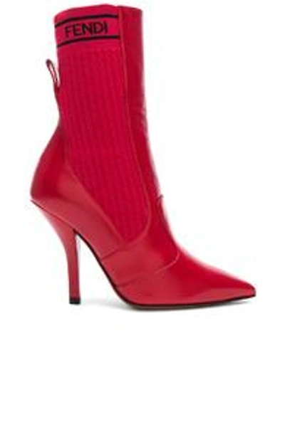 Shop Fendi Leather & Knit Rockoko Mid Calf Boots In Red.