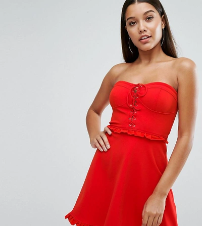 Shop Naanaa Corset Mini Skater Dress With Lace Up And Frill Detail - Red