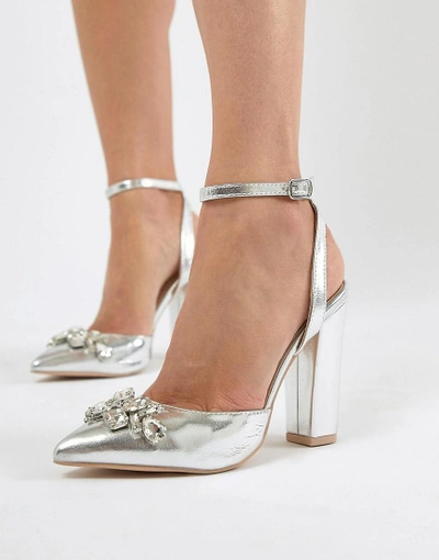 Shop True Decadence Silver Embellished Block Heel Shoes - Silver