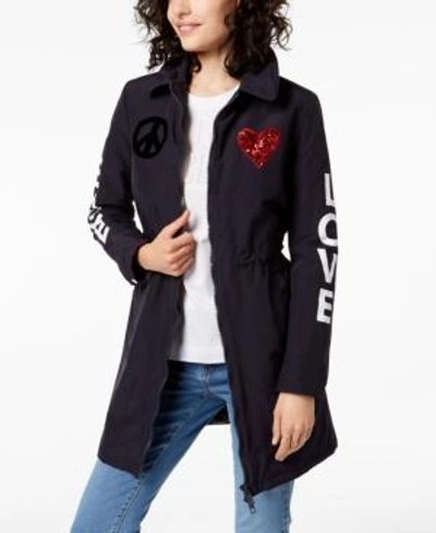Shop Love Moschino Applique Peace & Love Jacket In Blue