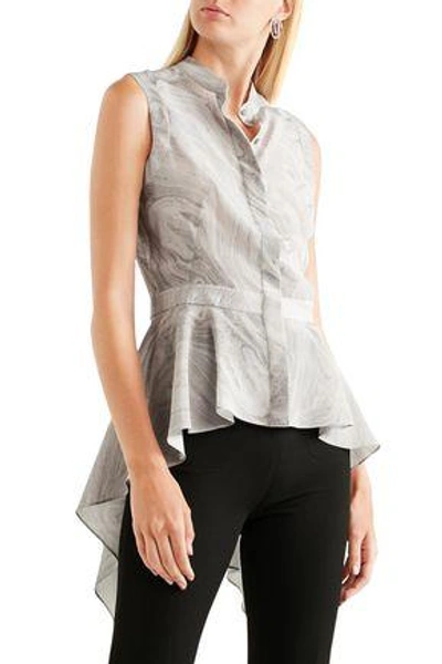 Shop Alexander Mcqueen Draped Printed Silk Peplum Top In Stone