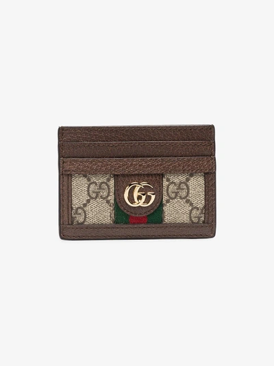 Shop Gucci Ophidia Gg Leather And Canvas Cardholder In Brown