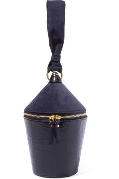 Shop Staud Minnow Suede And Croc-effect Leather Tote In Navy