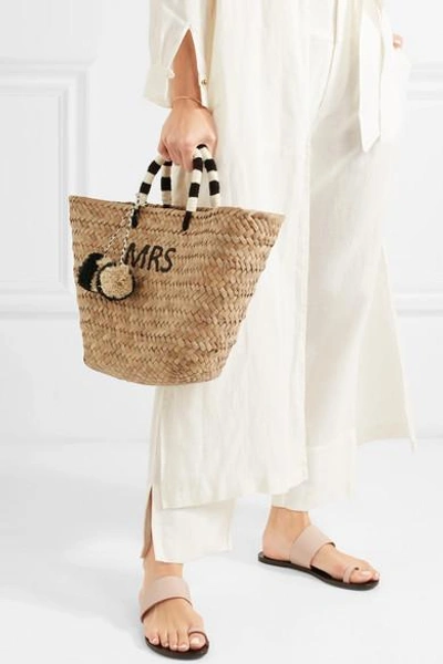 Shop Kayu St Tropez Pompom-embellished Embroidered Woven Straw Tote In Neutral