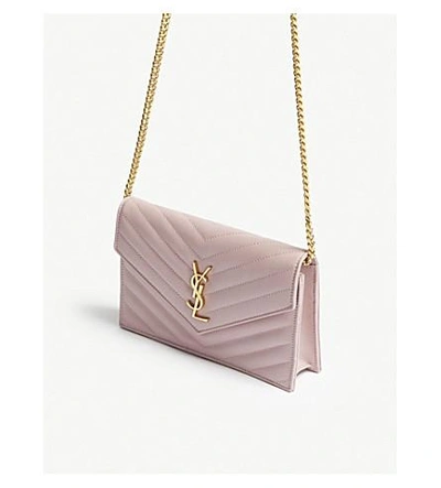 Shop Saint Laurent Monogram Leather Envelope Wallet-on-chain In Tender Pink
