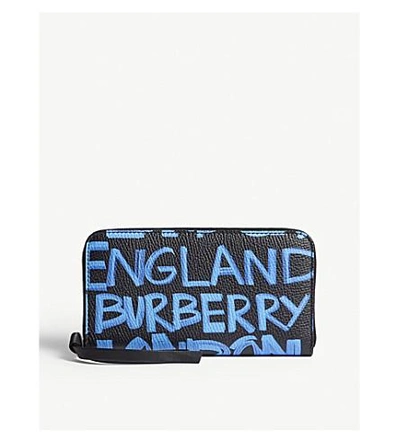 Shop Burberry Blue And Black Graffiti Print Elmore Grained Leather Wallet In Blue Black