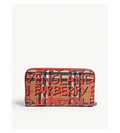 Shop Burberry Graffiti Vintage Check Leather Wallet In Red