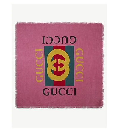 Shop Gucci Gg Logo Print Scarf In Pink/ Multi