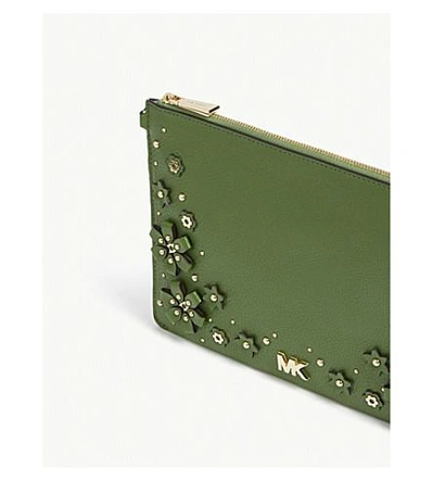 Shop Michael Michael Kors Michael Kors True Green Floral Embellished Leather Zipped Pouch