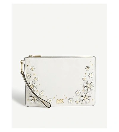 Shop Michael Michael Kors Floral Embellished Leather Zipped Pouch In Optic White