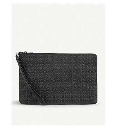 Shop Loewe Double Flat Anagram-embossed Leather Pouch In Black