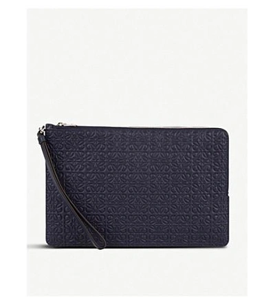 Shop Loewe Double Flat Anagram-embossed Leather Pouch In Marine
