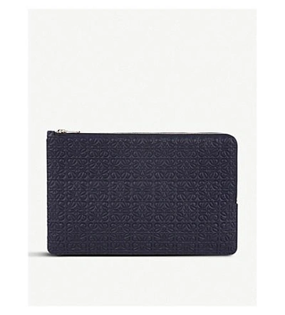 Shop Loewe Double Flat Anagram-embossed Leather Pouch In Marine