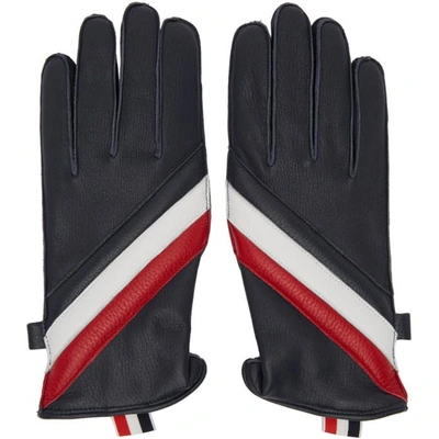 Shop Thom Browne Navy Quilted Diagonal Stripe Gloves In 960rwbwht