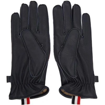 Shop Thom Browne Navy Quilted Diagonal Stripe Gloves In 960rwbwht