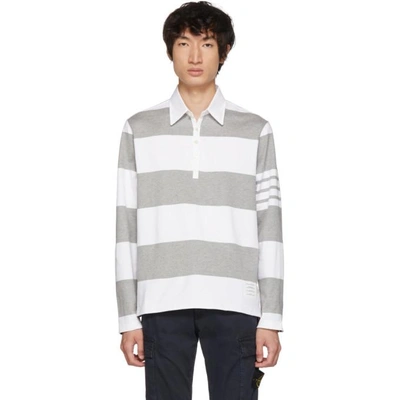 Shop Thom Browne Grey And White Four Bar Relaxed Polo In 055 Lt Grey