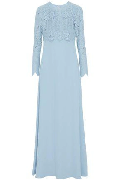 Shop Mikael Aghal Corded Lace-paneled Crepe Gown In Light Blue